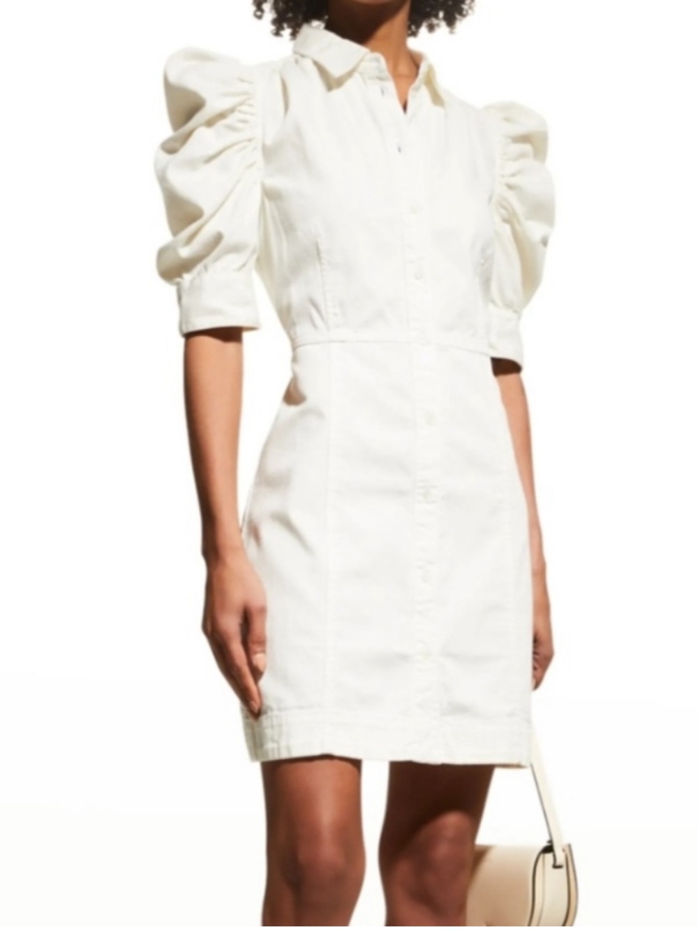 FRAME Gillian Puff Sleeve Denim Mini Dress Ecru White Size Small 100% cotton